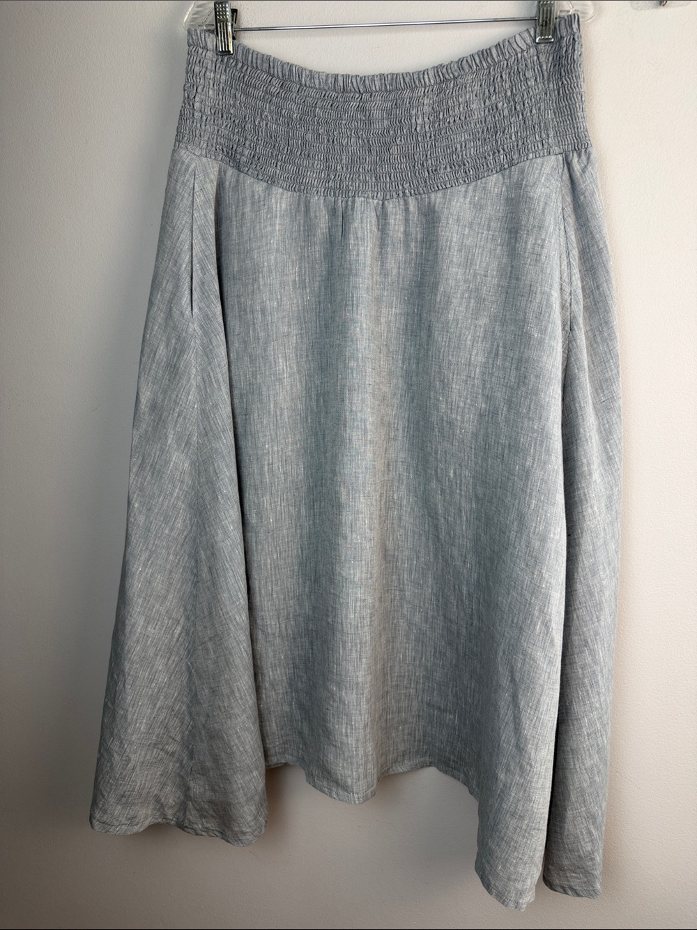 Eileen Fisher Organic Linen Smocked A-Line Skirt Handkerchief Hem Medium Pockets - Picture 9 of 16